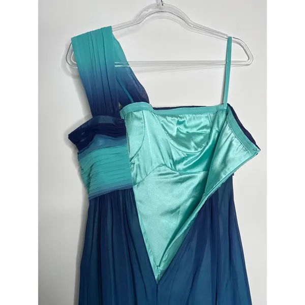 2000s BCBG Max Azria Teal Blue Ombre One-Shoulder Chiffon Evening Gown – Size 0 - Image 11