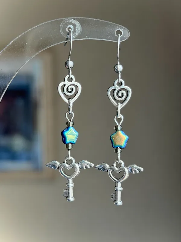 Handmade Czech glass star & angel heart key romance Kawaii y2k fairy dangle earrings✨ - Image 2