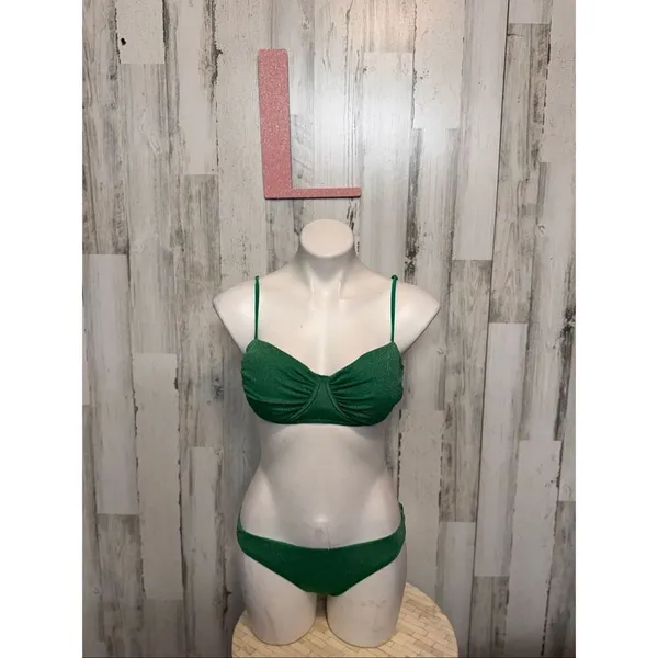 Green Sparkle 3-Piece Bikini Set Women’s Size L | Ruched Top + Bottoms + Sarong - Image 4