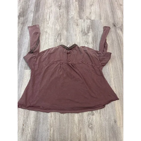 Free People Embroidered Long Sleeve Babydoll Top Plum Mauve Cotton Size Medium - Image 4