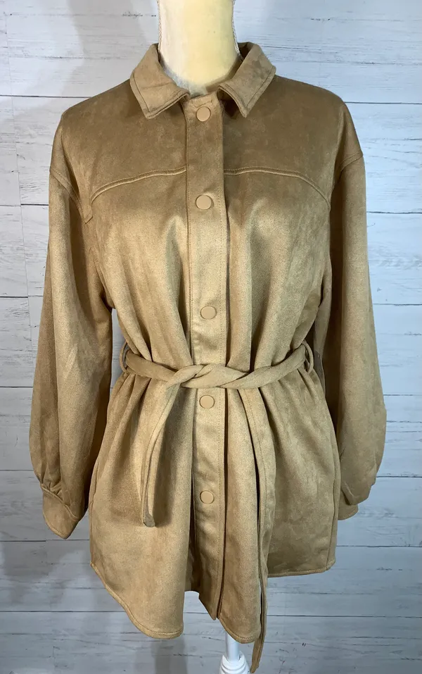 camel faux suede tie shacket size M women's - Image 3