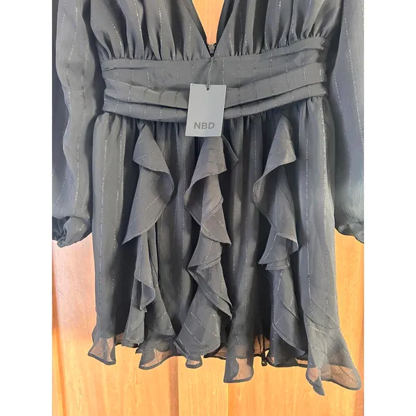 NWT NBD Revolve Anya Mini Puff Sleeve Dress in Black Metallic Women’s size Small - Image 4