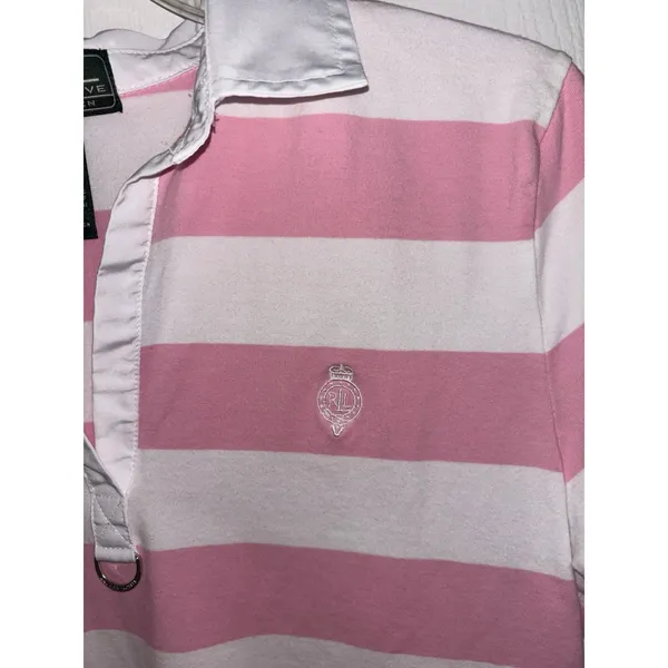 Y2K Lauren Active Ralph Lauren Pink White Stripe Polo Crest Preppy Golf L - Image 5