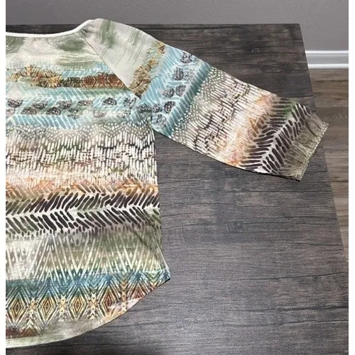 Chicos Boho Top Abstract Tribal Inspired Print Crochet Lace Artsy Size 1 Medium - Image 13