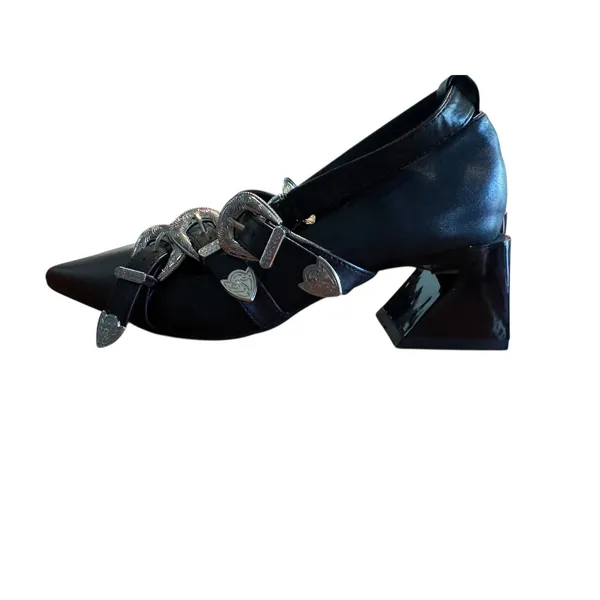 Guanghuiyuzu Black Pointed Toe Buckle Strappy Block Heels‎ Women's Size 35 - Image 3