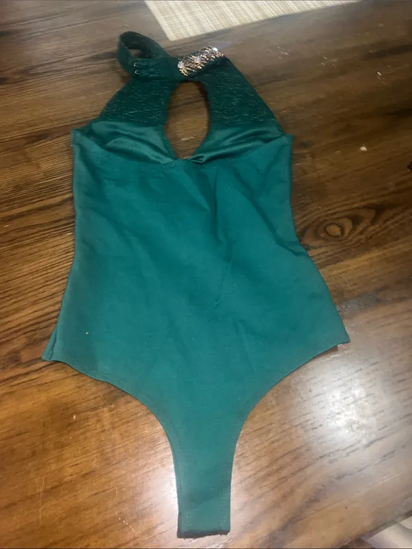 SHEIN Emerald Green Jeweled Halter Bodysuit - Image 2