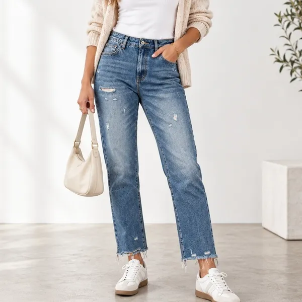 Flamingo XL 36 Ripped Raw Hem Mid Rise Straight Leg Cropped Jeans Boho Relaxed - Image 2
