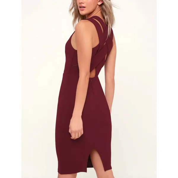 Lulus Darren Burgundy Strappy Bodycon Midi Dress Wine Red Maroon V-Neck Medium - Image 2