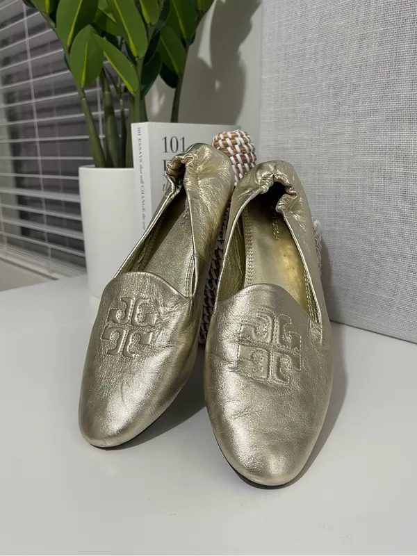 TORY BURCH gold smoking loafers metallic leather loafer shoes work career logo 7 - Image 5