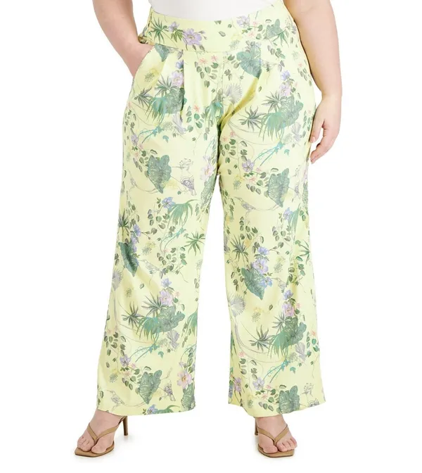 INC International Concepts Linen High Waist pleated Yellow Floral Wide Sz M Pants bright vibrant cottage - Image 2