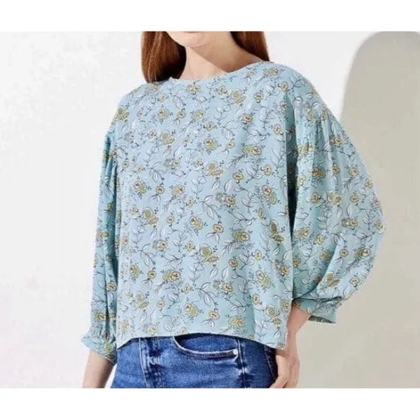 Loft Aqua Floral Print Mixed Media Blouse‎ Women Small Pleated Back Career Party - Image 3