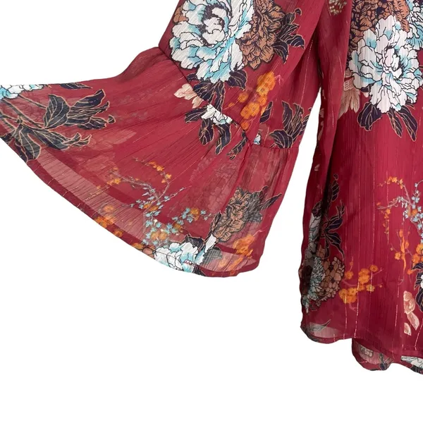 Luxology‎ Women Cottage Top XL Burgundy Floral Bell Sleeve Peasant Boho Romantic - Image 5