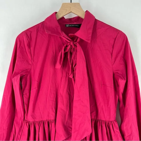 NY&C Pink Cotton Blend Button Front Tie Neck Pleated Fit & Flare Shirt Dress‎ - Image 3