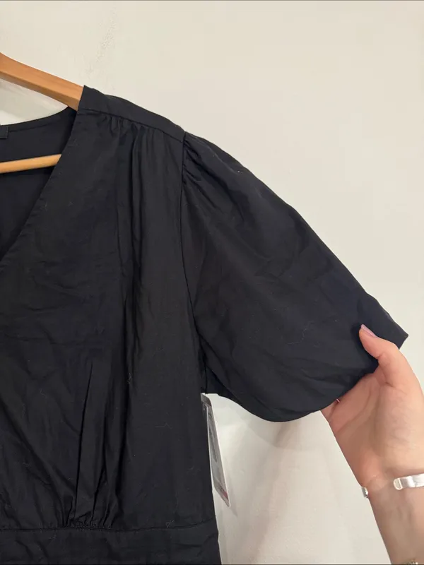 French Connection V-neck Short PuffSleeve Black Poplin Tier Maxi Dress size XL - Image 5
