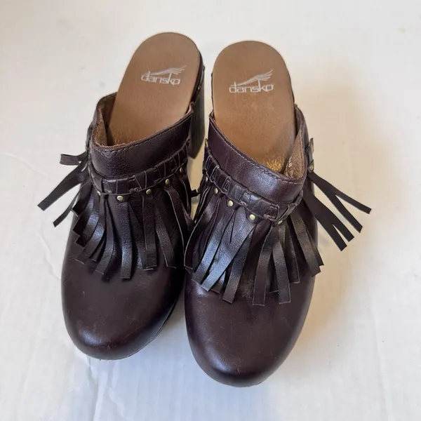 Dansko Shoes Womens Size 40 Leather Clogs Block Heel Stud Fringe Mule Retro - Image 11