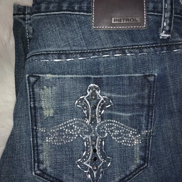 Petrol Sterling 31x33.5 Low Rise Bling Cross Wing Jeans - Image 4