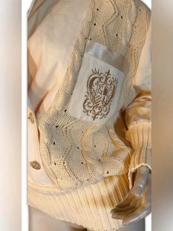 Side Effects Vintage 1990'S Yellow Cream Embroidered V Neck Pullover Sweater (M) - Image 8