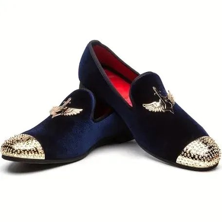 JITAI Men's Navy Blue Velvet Loafers - Gold Spiked Toe & Winged Sword Emblem - Size 10 - Image 2