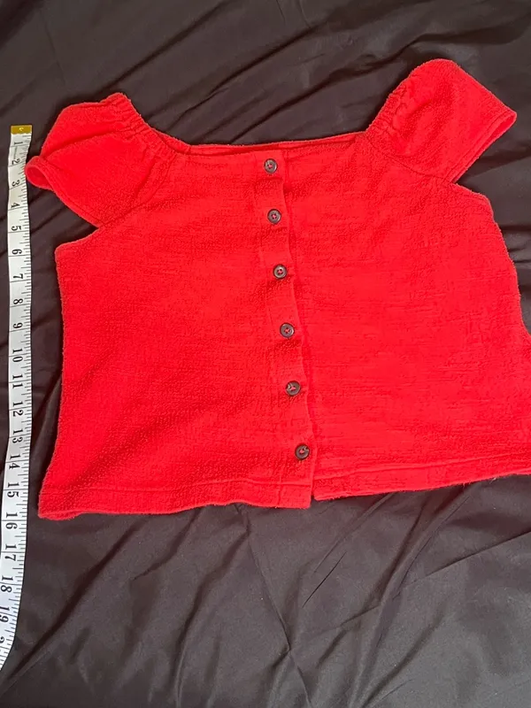 Madewell Texture & Thread Red Smocked Puff Sleeve Button Front Crop Top - Image 7