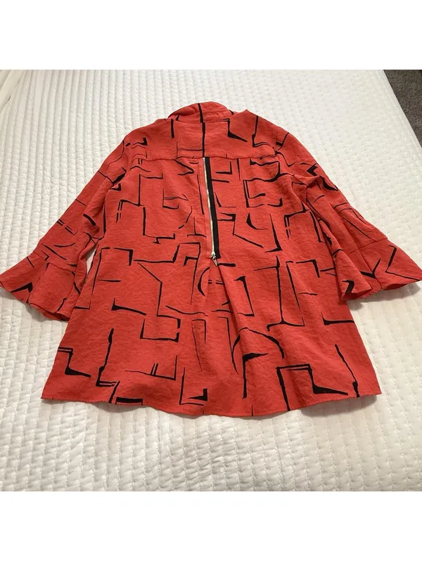 Ali Miles Coral Red Button Up Tunic Shirt Top Sz L Large Wire Collar Lagenlook - Image 9