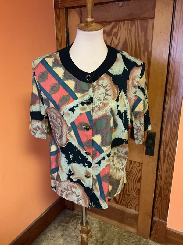 Vintage 90s IN GROUP LTD Large Abstract Print Rayon Top Button Front Retro - Image 5