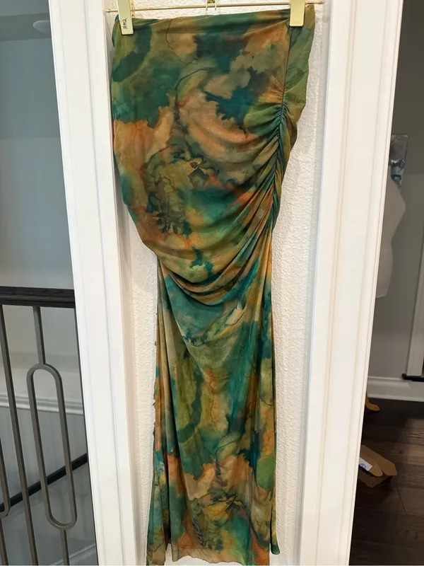 Ronny Kobo XS Green Brown Abstract Mesh Ruched Maxi Skirt - Image 5