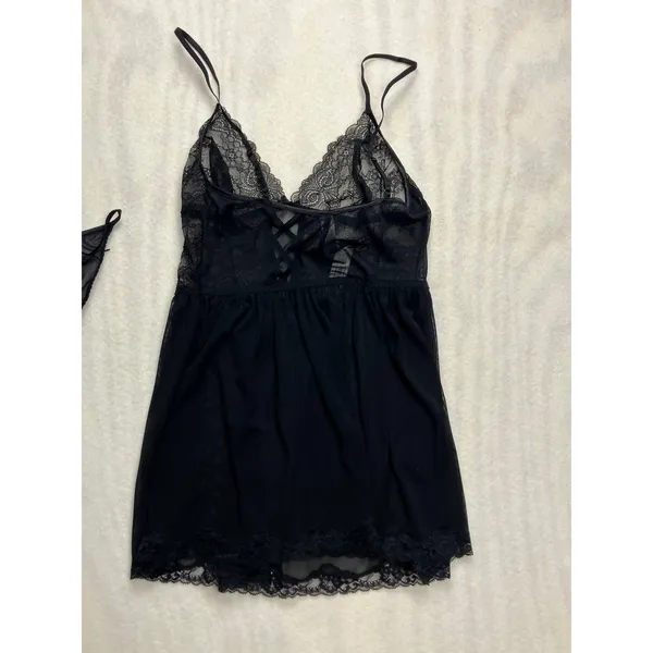 Adore Me Black Lace Babydoll Chemise Matching Panty‎ Set Size M - Image 9