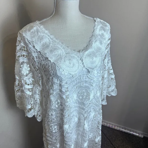 hlkodo White Floral Lace Shift Dress V-Neck Flutter Sleeve XL Cottagecore - Image 2