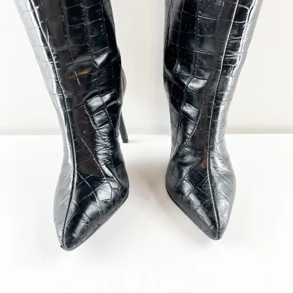 Schutz Maryana Knee High Croc Embossed Stiletto Heel Boots Black 6 - Image 8