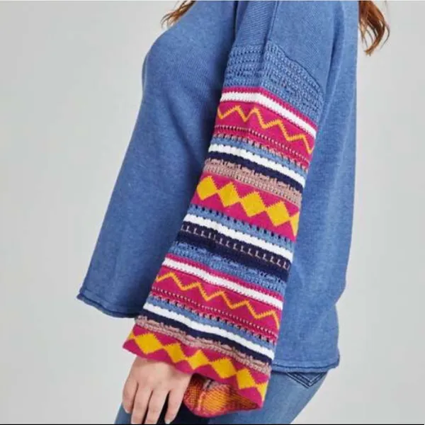 Killian BoHo Bohemian Patterned Sleeve Dusty Blue Bell Sleeve Sweater NWT - Image 9