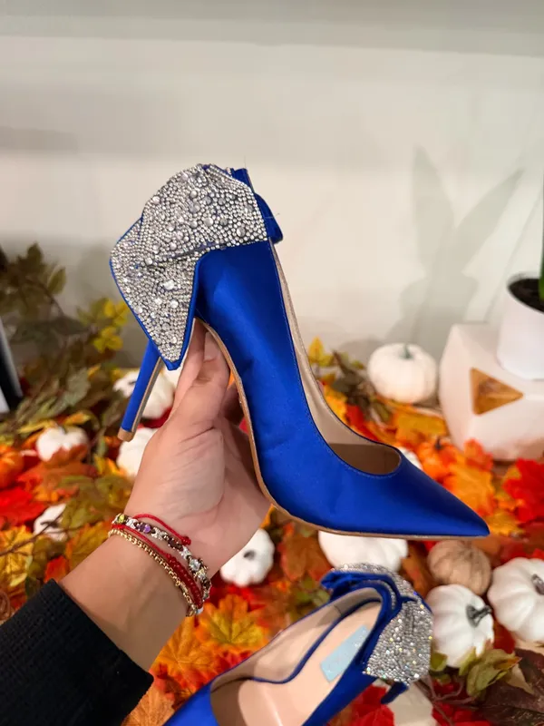 Betsey Johnson Royal Blue Satin Pointed Toe Heels with Crystal Bow - Image 4