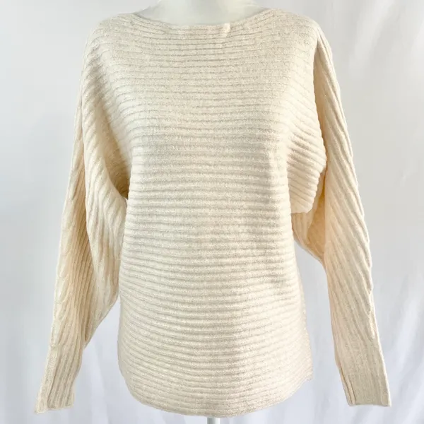 New Lush Lurex Ribbed Boat Neck Sweater Off The Shoulder Long Sleeve Cream Gold - Image 3