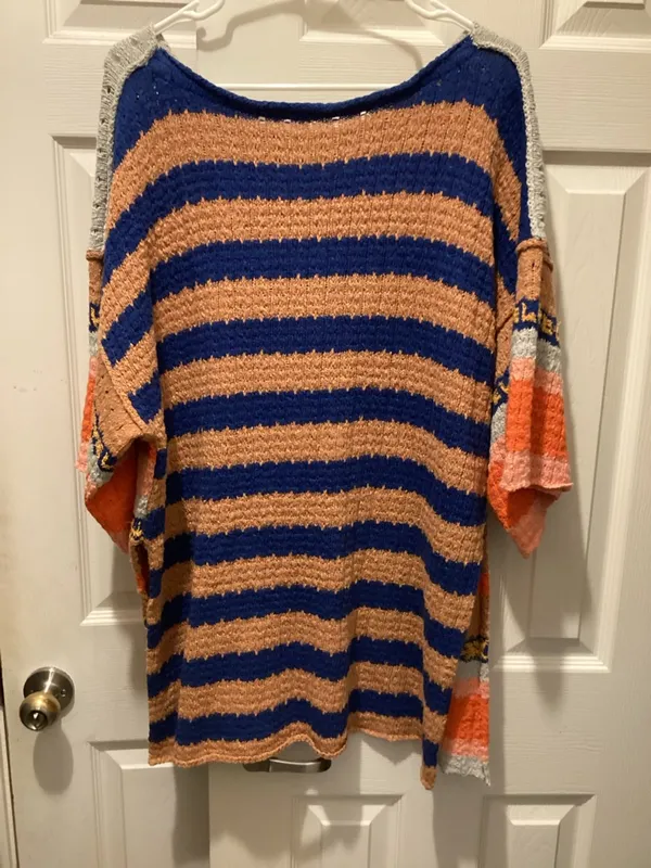Free People Open-Knit Stripe Sweater in Coral, Navy & Light Gray - Image 4