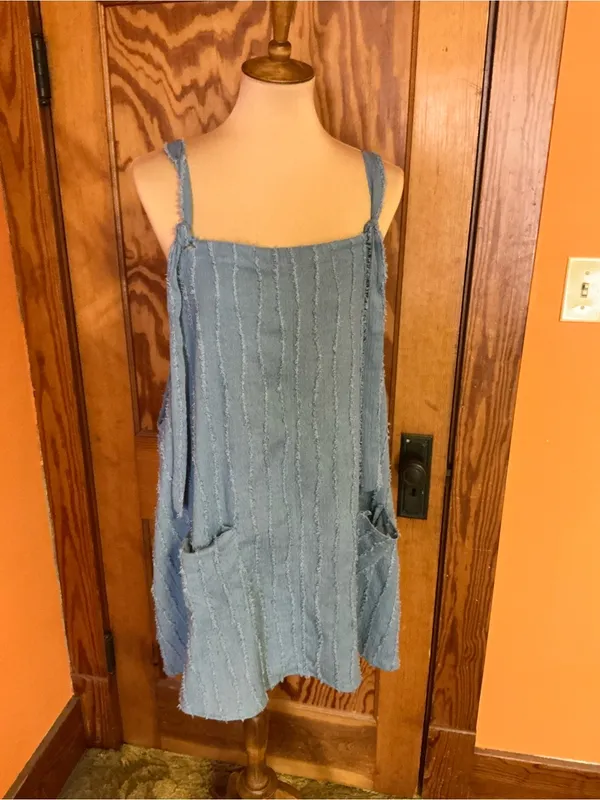 Arula Blue Textured Sleeveless Jumper Dress Oversized Pockets Boho Lagenlook - Image 10