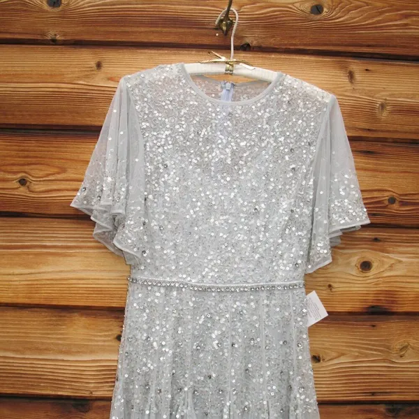 Mac Duggal Light Blue Size 6 Beaded Sequin Rhinestone High Neck MIDI Dress Gown - Image 7