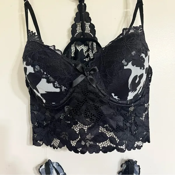 Women's Lingerie Set Black & White Patterned‎ Lace Top Sheer Bottoms Size Large - Image 2