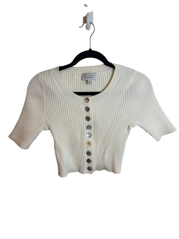 & Other Stories Cream Cropped Ribbed Shell Button Cardigan - Image 2