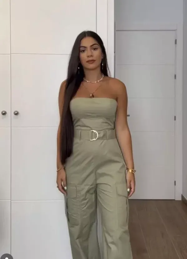 ZARA jumpsuit technical fabric cargo sleeveless wide streight leg light khaki - Image 5
