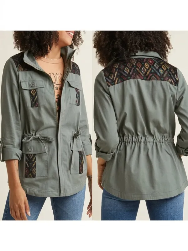 MODCLOTH Keep a Woven Mind Jacket Olive Army Green Multi Aztec Boho Embroidered - Image 2