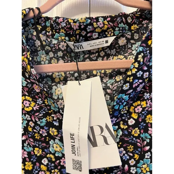Zara Dress Womens Size Large Black‎ Floral Long Sleeve V Neck Mini New - Image 6