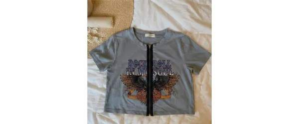 Gray Rock N Roll Graphic Crop Zip Tee Indie Sleaze Grunge S - Image 3