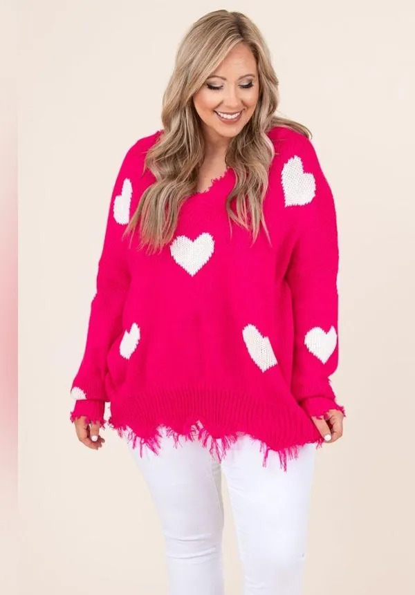Chic Soul Looking For A Lover Valentines Heart Neon Fuchsia Sweater - size XL/1X - Image 12