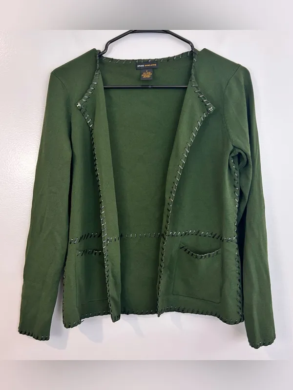 Grace Dane Lewis Green Knit Cardigan w/ Faux Black Leather Trim Frankenstein S - Image 2