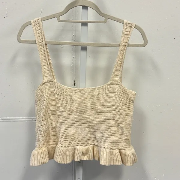 Mango MNG Cream Knit Tie Front Ruffle Hem Crop Top XL 100% Cotton Cottagecore - Image 2