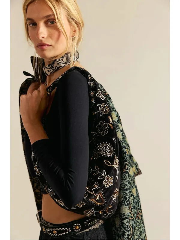 Free People Bohemian Witchy Nashville Nights Beaded Velvet Bag Black NWT Evening - Image 3