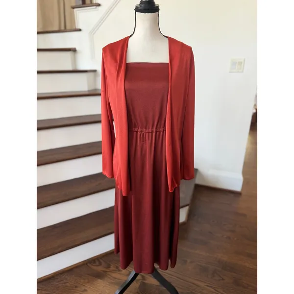Vintage 70s Rust Orange Red Square Neck Midi Dress & Cardigan Set Boho - Image 3