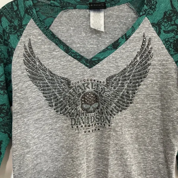 Harley-Davidson Womens Grizzly Missoula‎ Montana Rhinestone Winged Skull Top S - Image 2
