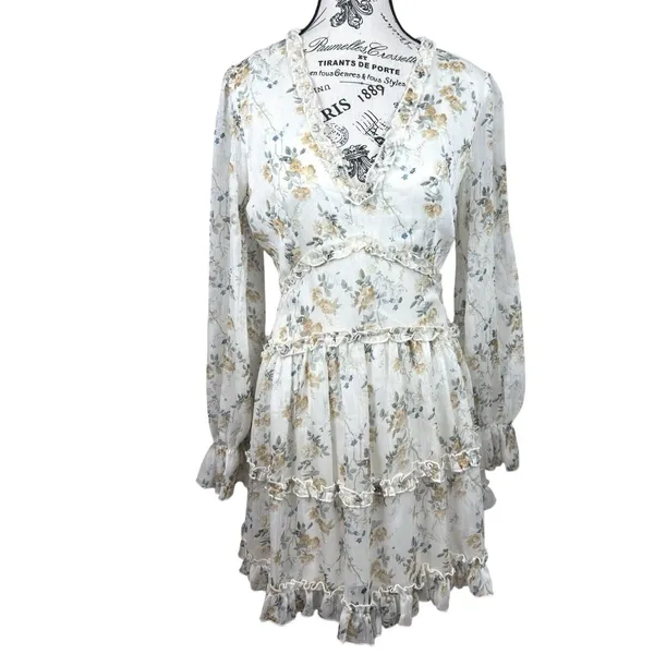 Bitter Sweet Ivory Floral Mini Dress M Surplice Ruffle Long Sleeve Boho Romantic - Image 2