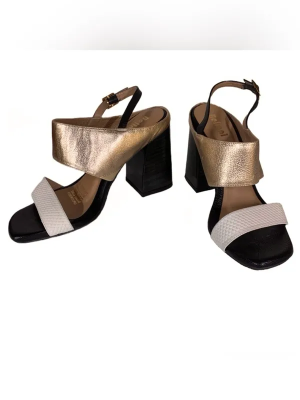 Belinni Black, Gold & Ecru Leather Block Heel Sandals (36) - Image 8