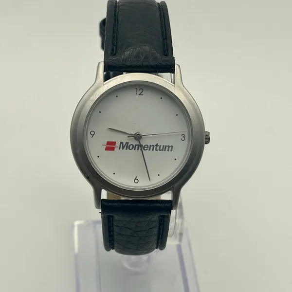 Momentum White Dial Black Leather Minimalist Watch Working New Battery - Image 2